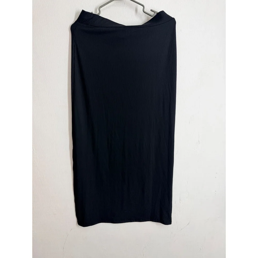 SHEIN Black Ribbed Knit Midi Skirt Side Slit Bodycon Pencil Skirt Size Large